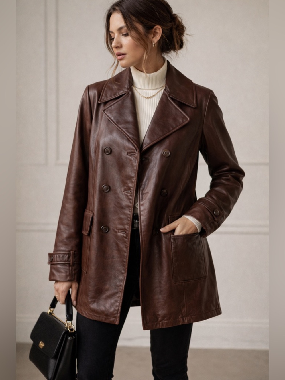 Vintage GUESS Genuine Distressed Leather Coat 🤎 Luxe 90’s Minimalist Chic